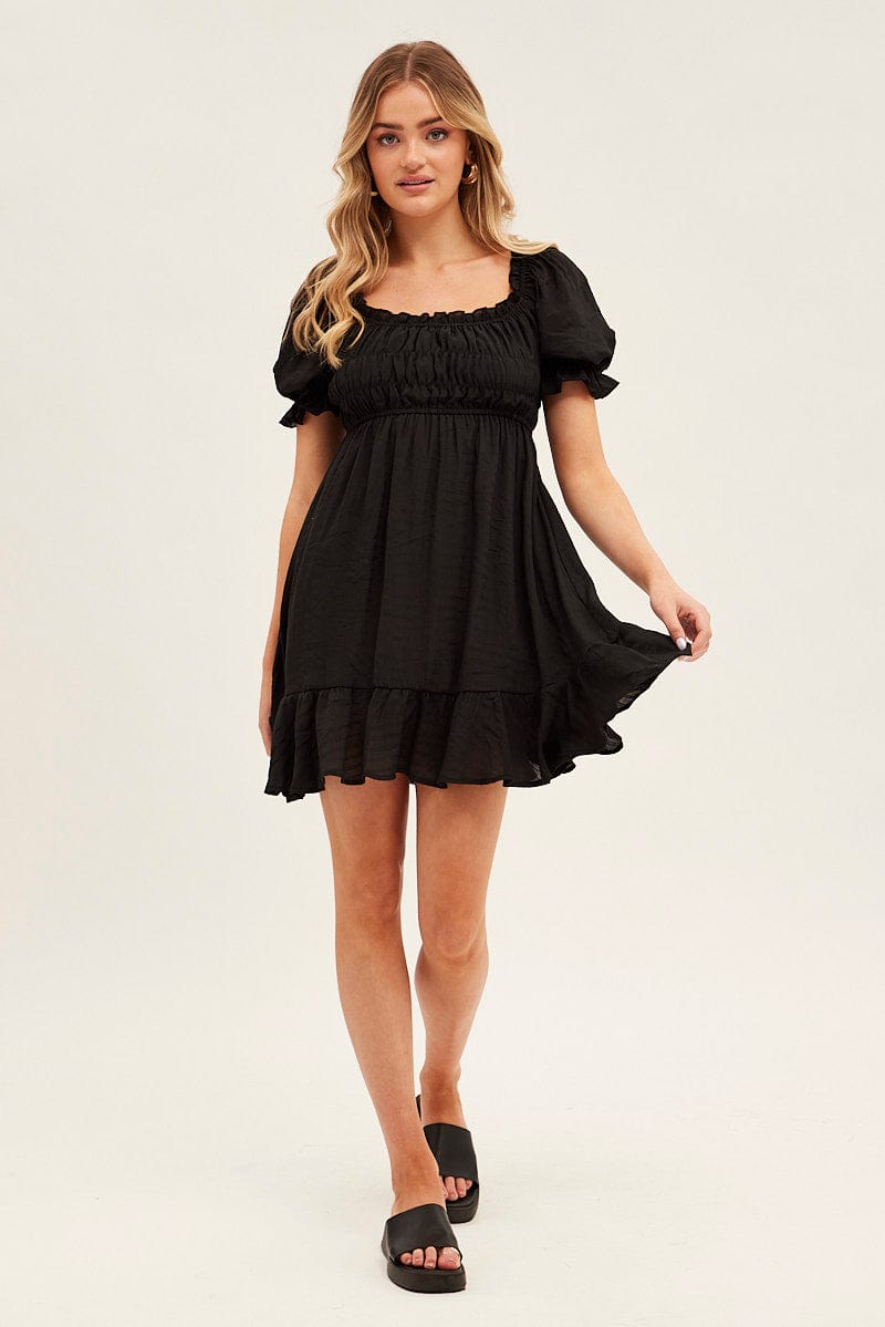 Black Gathered Bust Skater Dress for Ally Fashion