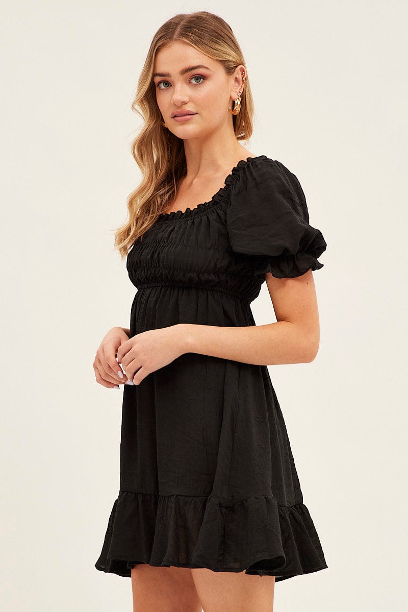 Black Gathered Bust Skater Dress for Ally Fashion