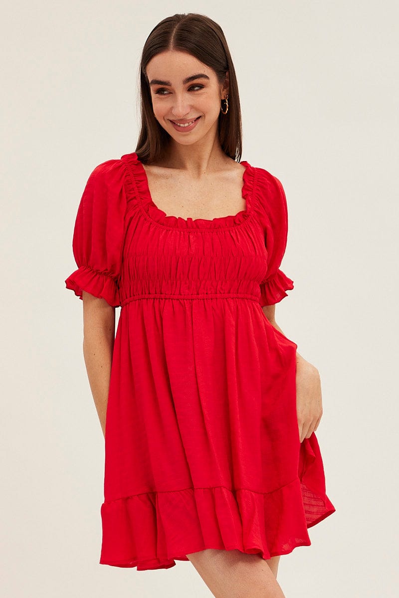 Red Gathered Bust Skater Dress for Ally Fashion