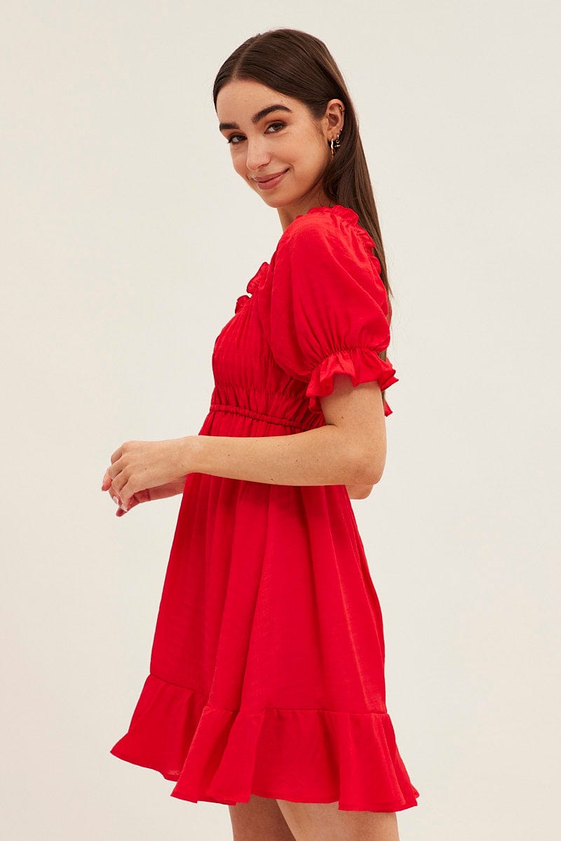 Red Gathered Bust Skater Dress for Ally Fashion