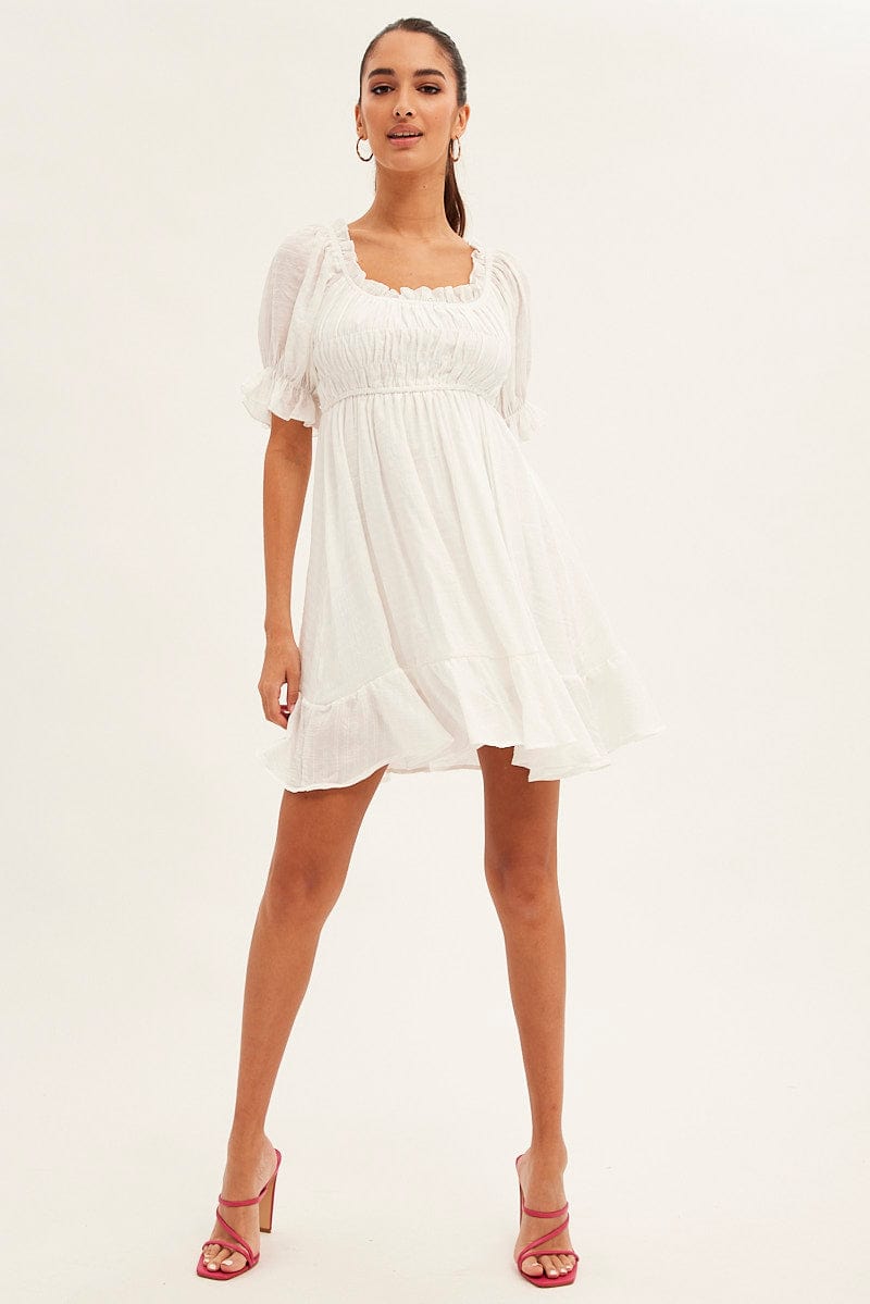 White Gathered Bust Skater Dress for Ally Fashion