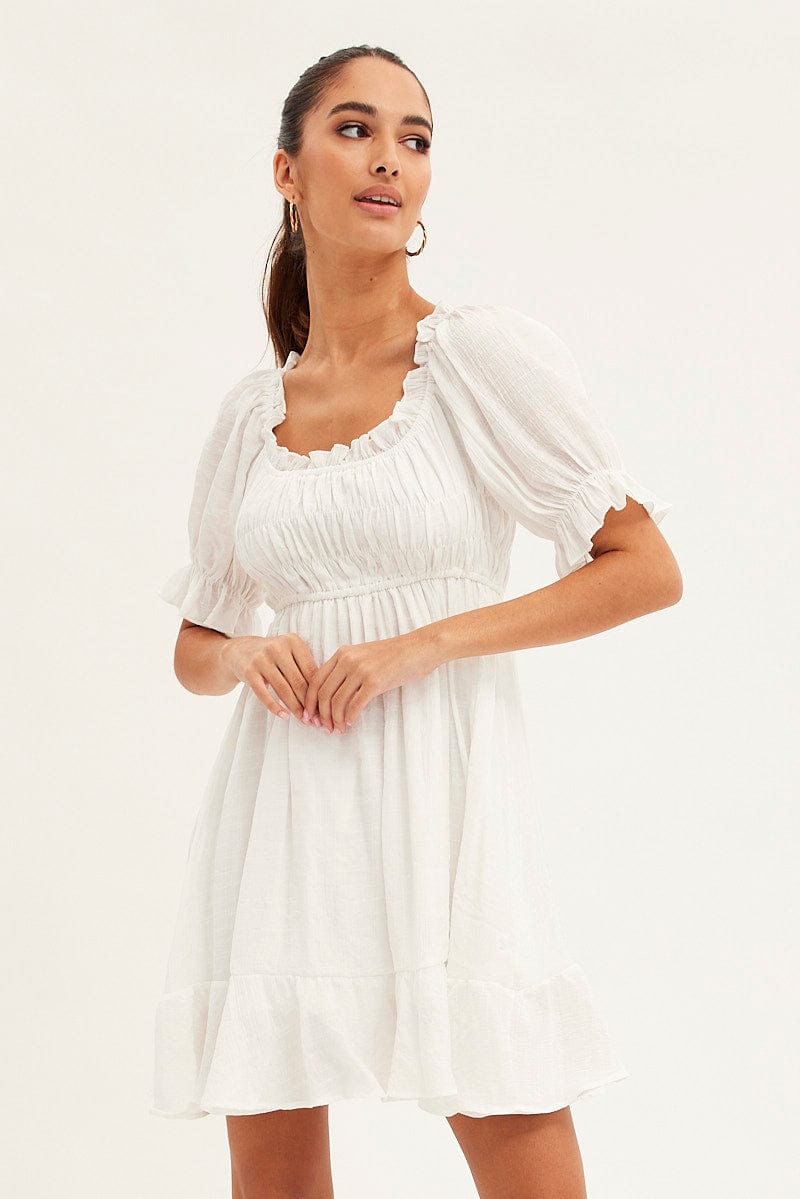 White Gathered Bust Skater Dress for Ally Fashion