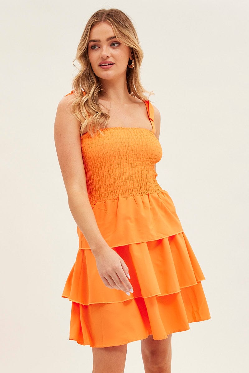 Orange Tie Shoulder Skater Dress for Ally Fashion