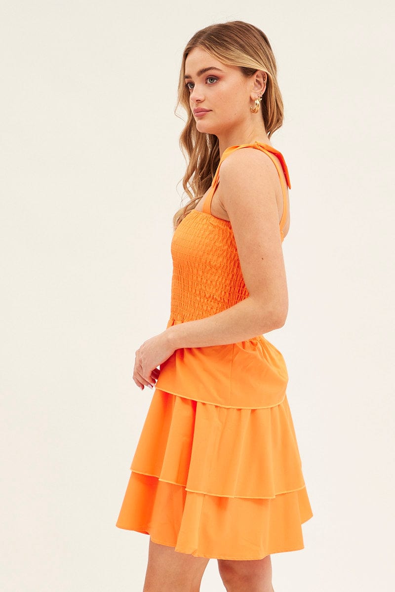 Orange Tie Shoulder Skater Dress for Ally Fashion