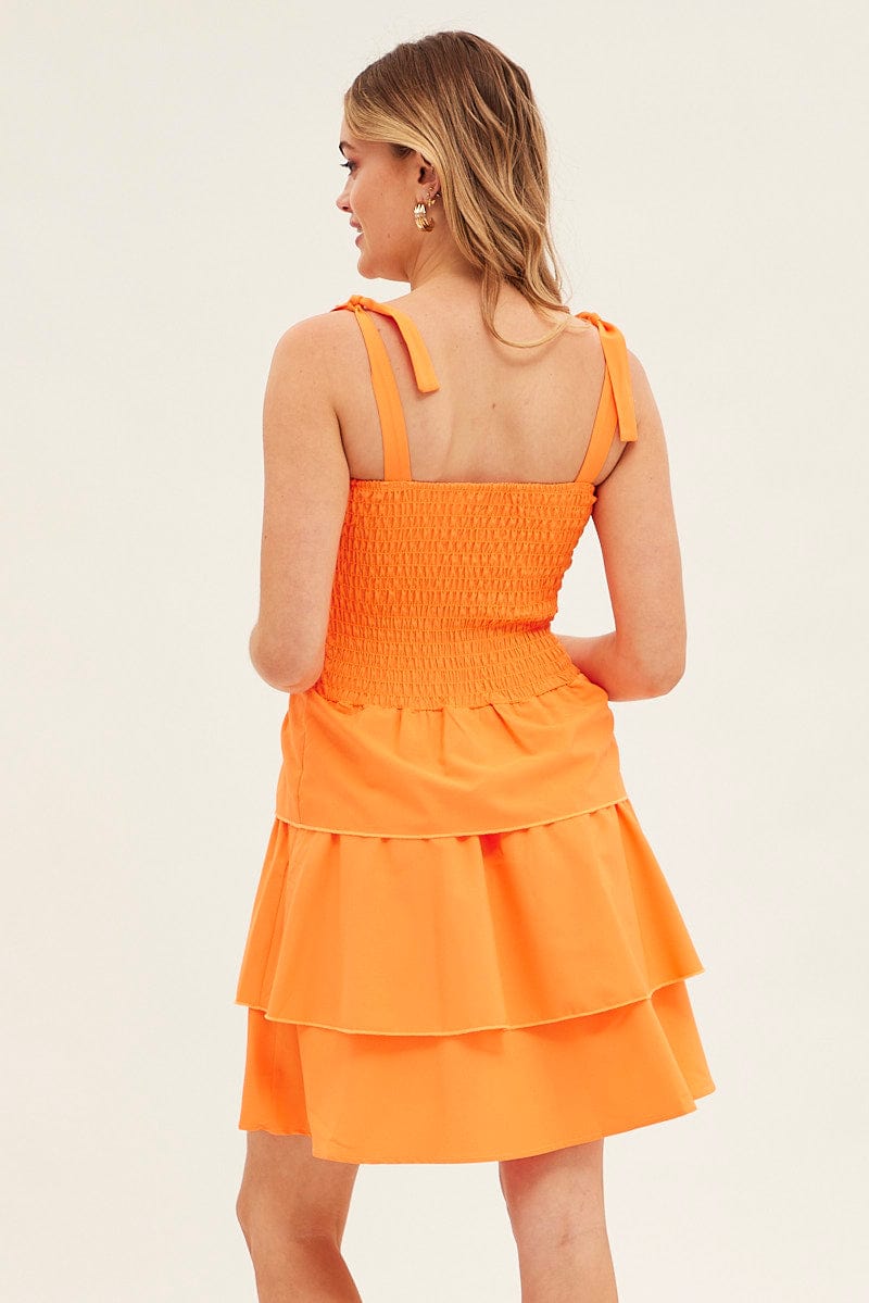 Orange Tie Shoulder Skater Dress for Ally Fashion