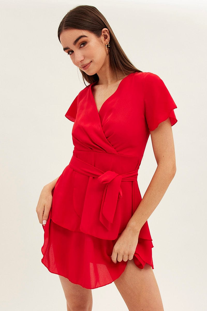 Red Short Sleeve Mini Skater Dress for Ally Fashion