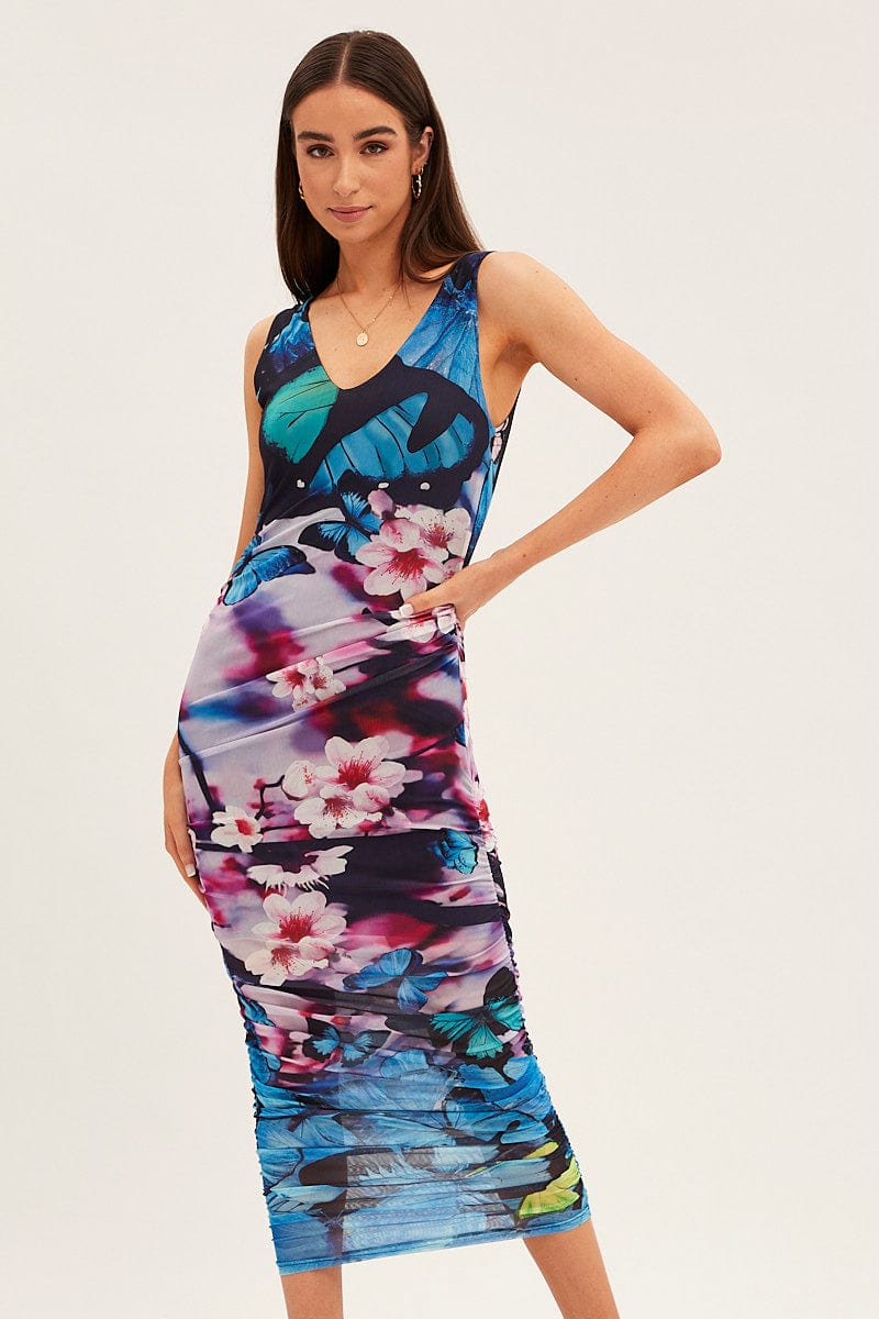 Blue Printed Dress Butterfly And Flower Ruched Bodycon for Ally Fashion