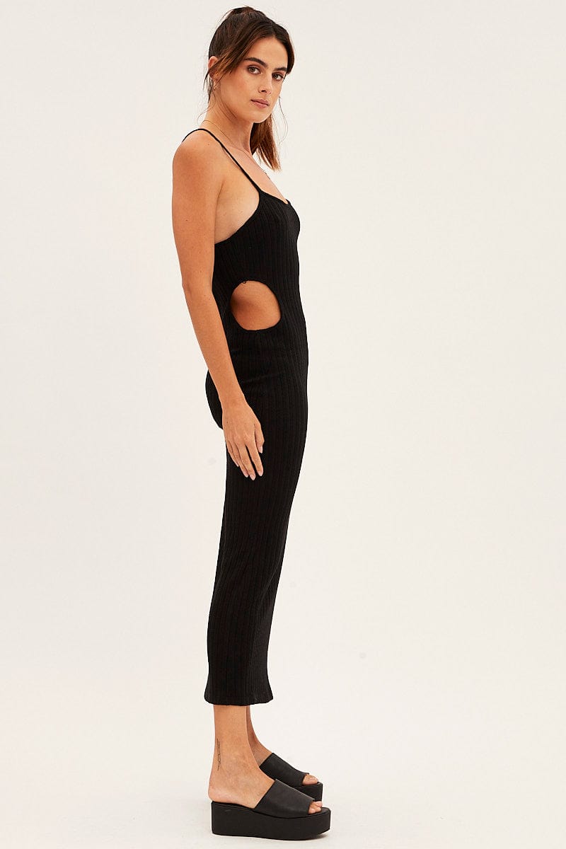 Black Ribbed Midi Dress Cutout for Ally Fashion
