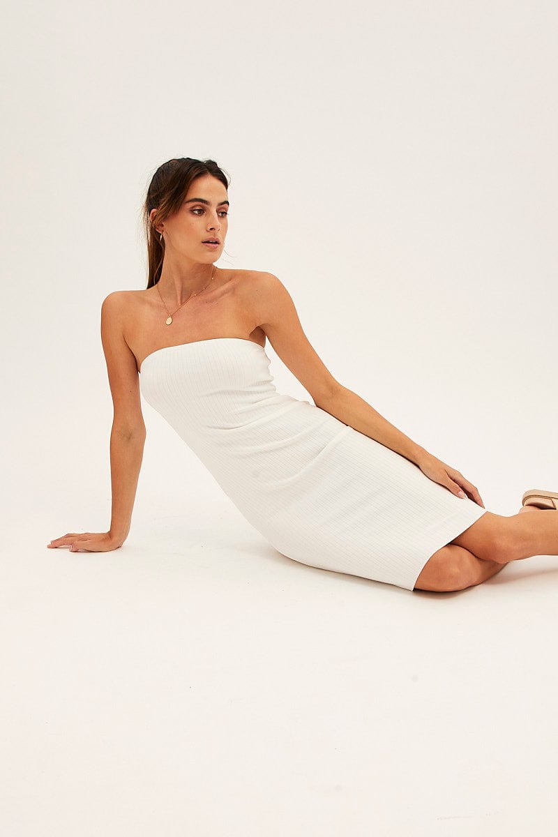 White Ribbed Bodycon Dress Strapless for Ally Fashion