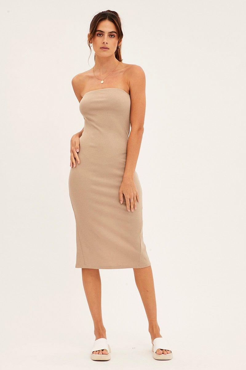 Beige Ribbed Evening Dress Strapless for Ally Fashion