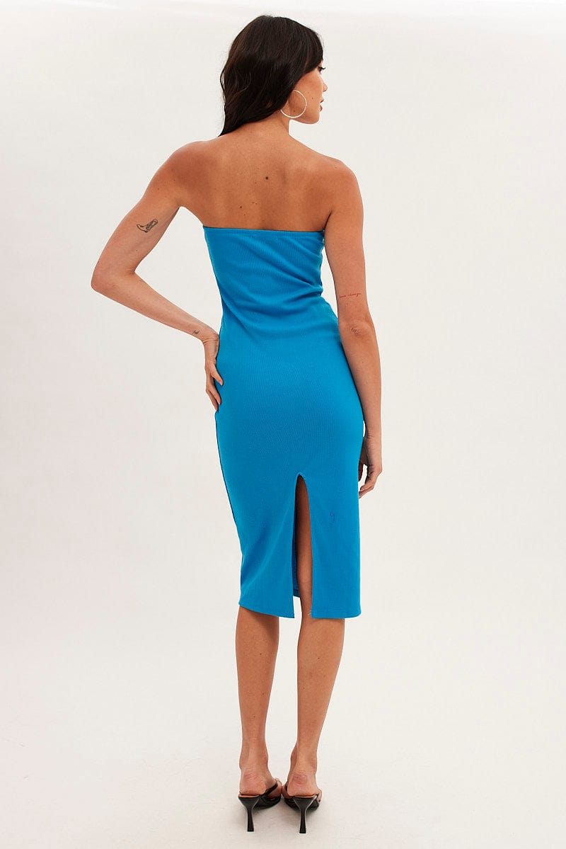 Blue Ribbed Evening Dress Strapless for Ally Fashion
