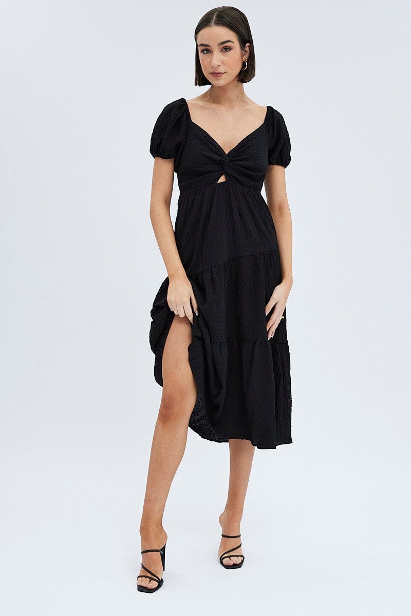 Black Midi Dress Short Sleeve Cut Out for Ally Fashion