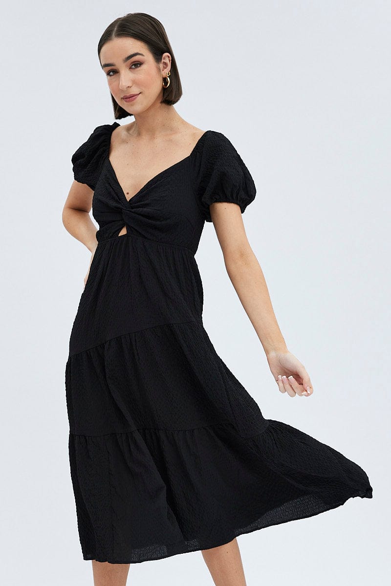 Black Midi Dress Short Sleeve Cut Out for Ally Fashion