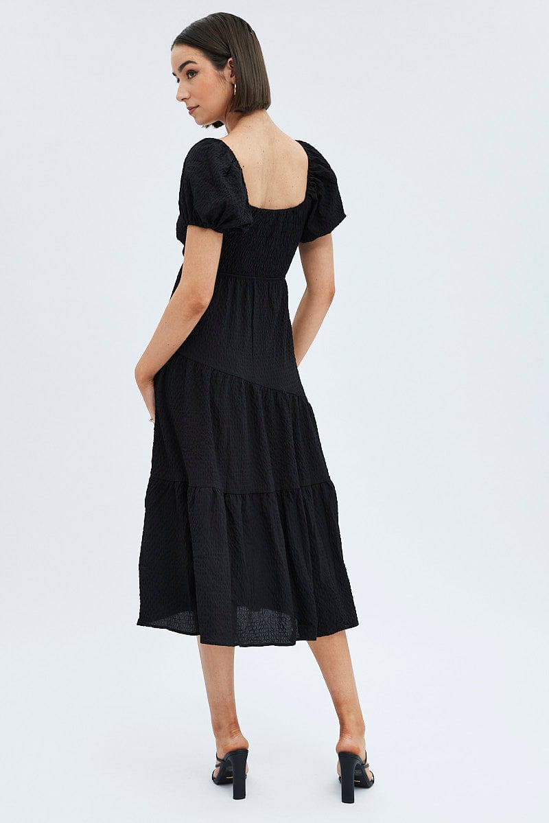 Black Midi Dress Short Sleeve Cut Out for Ally Fashion