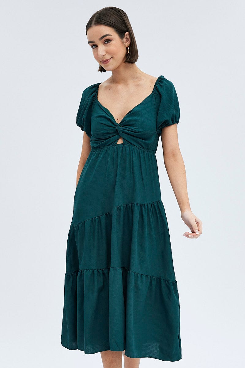 Green Midi Dress Short Sleeve Cut Out for Ally Fashion