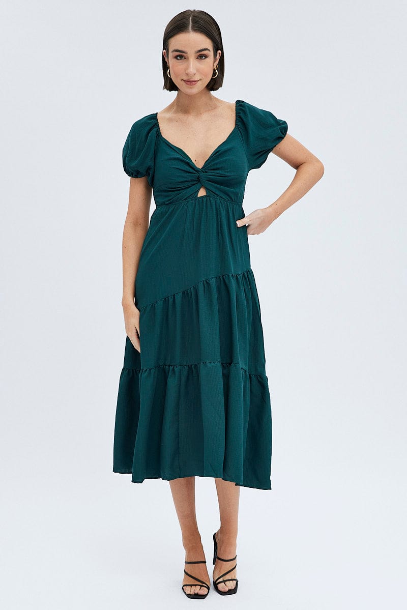 Green Midi Dress Short Sleeve Cut Out for Ally Fashion