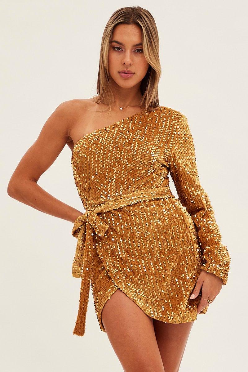 Gold Sequin Mini Dress One Shoulder for Ally Fashion