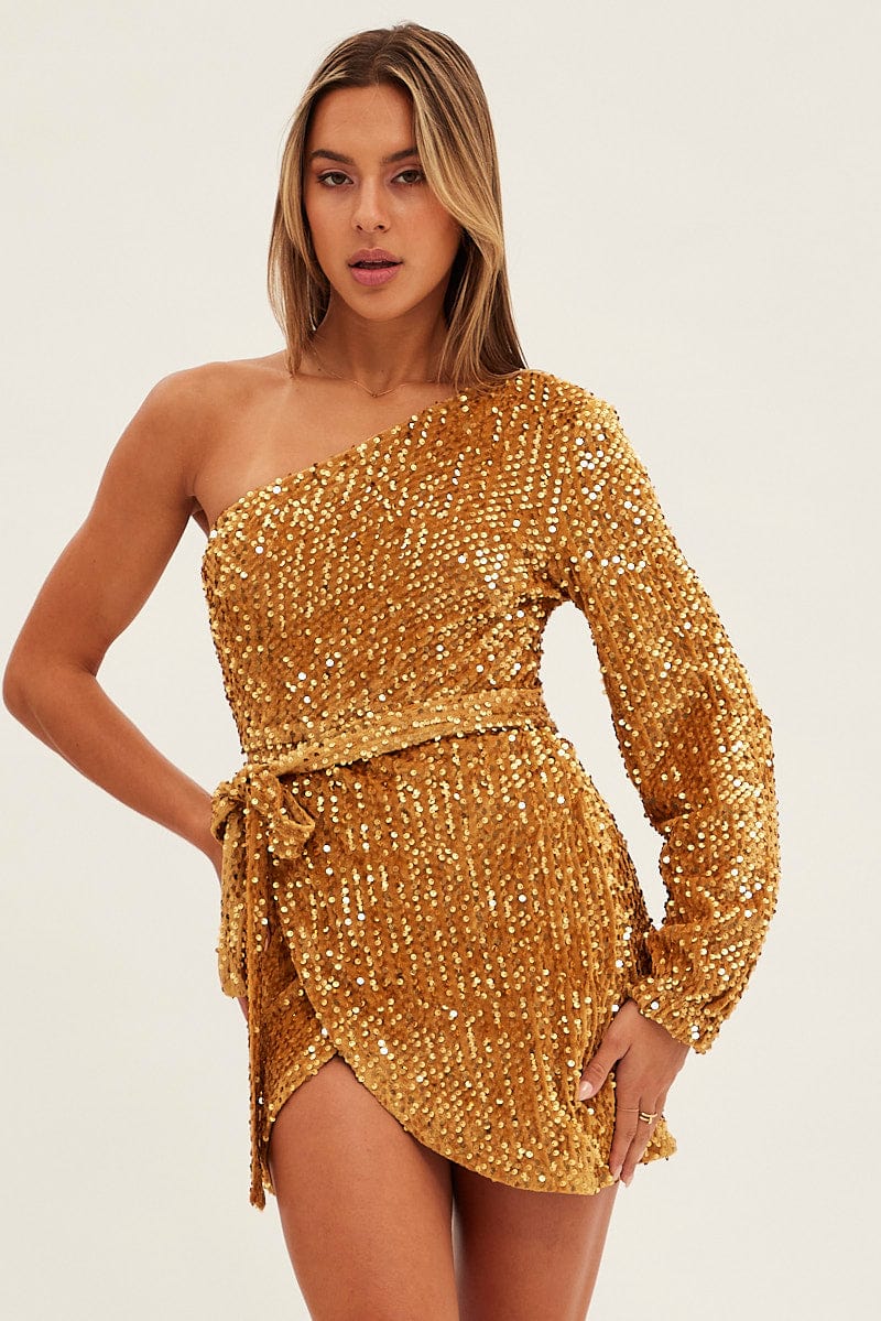 Gold Sequin Mini Dress One Shoulder for Ally Fashion