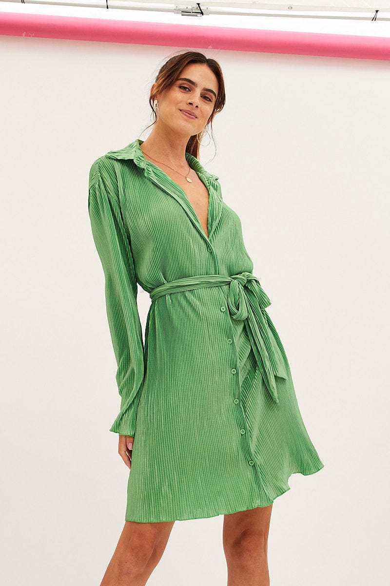 Green Plisse Shirt Dress Front Button for Ally Fashion