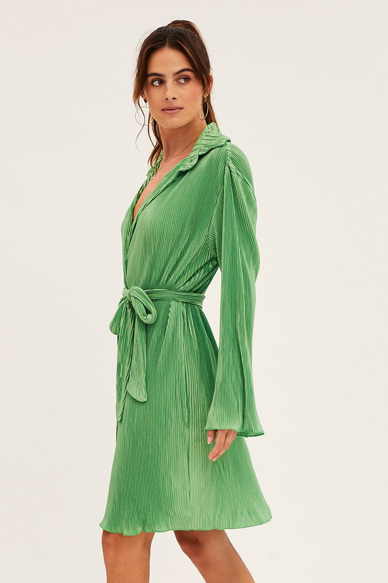 Green Plisse Shirt Dress Front Button for Ally Fashion