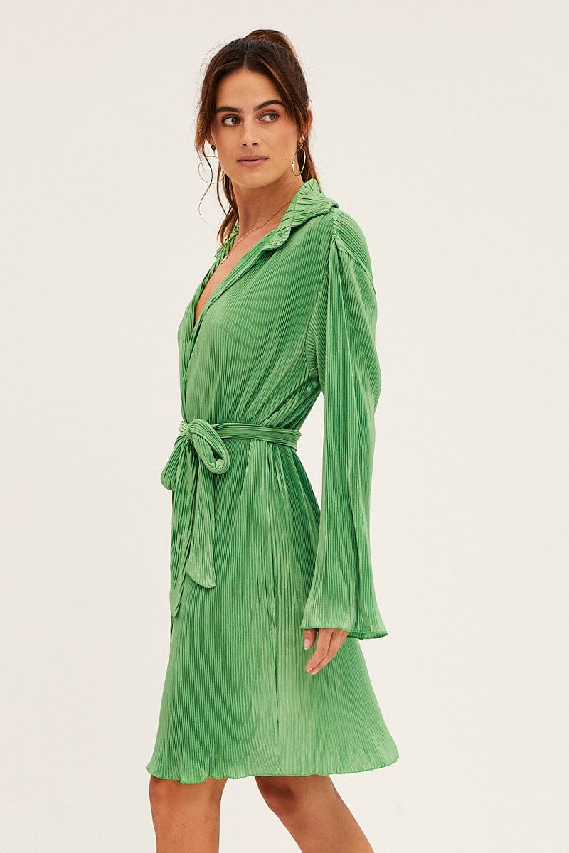 Green Plisse Shirt Dress Front Button | Ally Fashion Green Plisse Shirt Dress Front Button | Ally Fashion