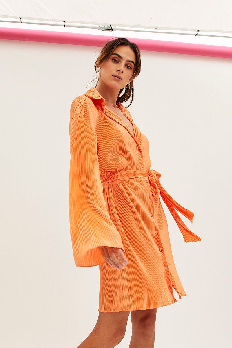 Orange Plisse Shirt Dress Front Button for Ally Fashion