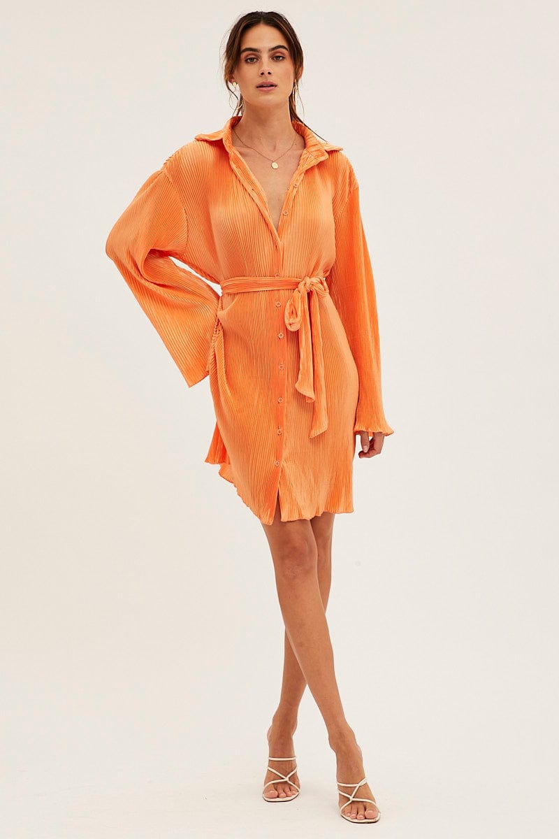 Orange Plisse Shirt Dress Front Button for Ally Fashion