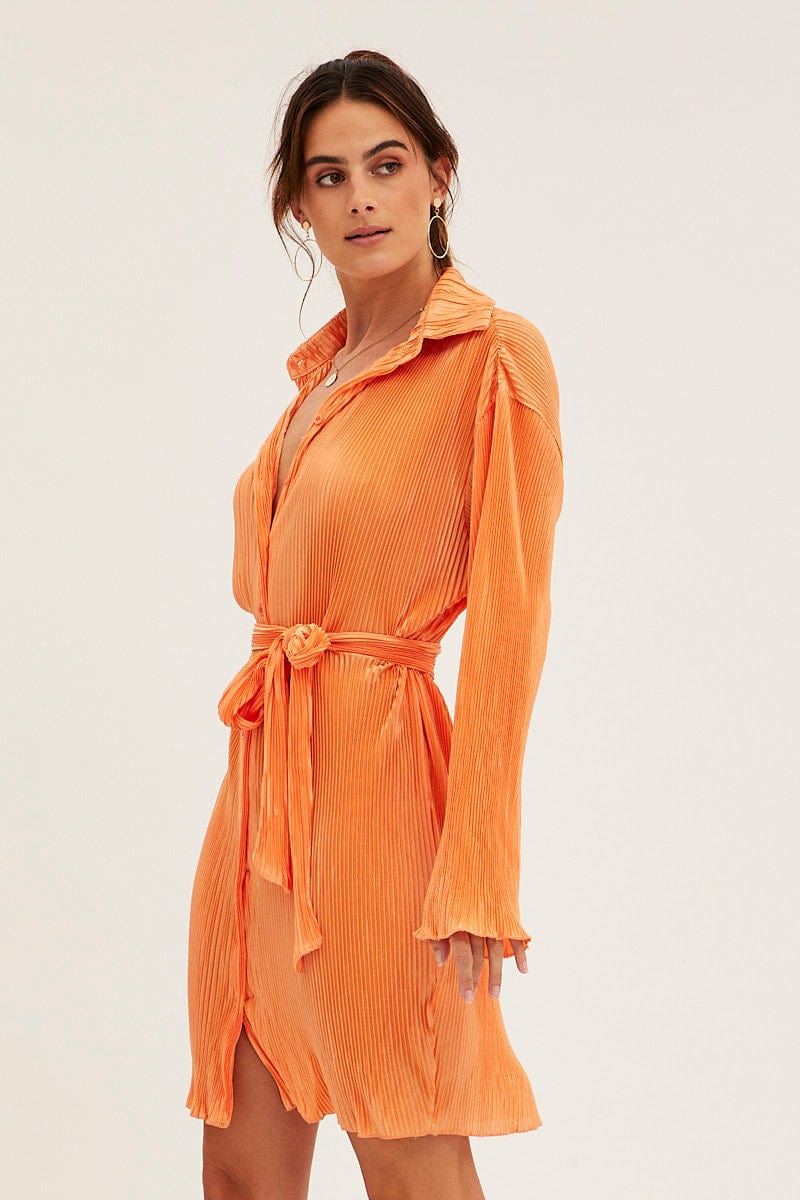 Orange Plisse Shirt Dress Front Button for Ally Fashion