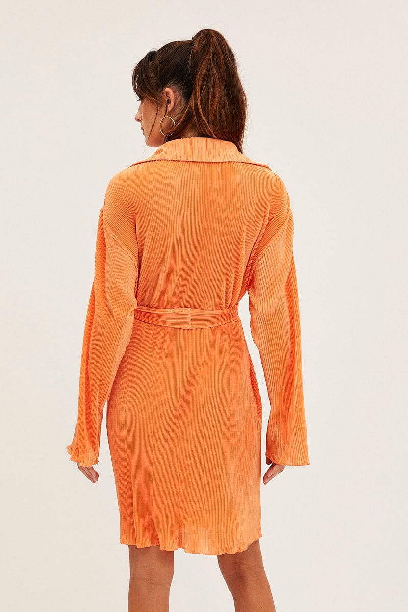 Orange Plisse Shirt Dress Front Button for Ally Fashion