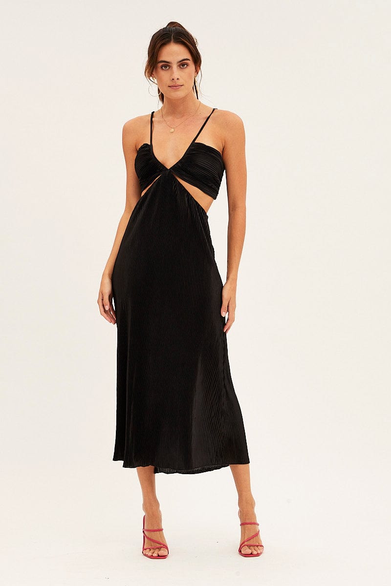 Black Plisse Midi Dress Tie Back for Ally Fashion