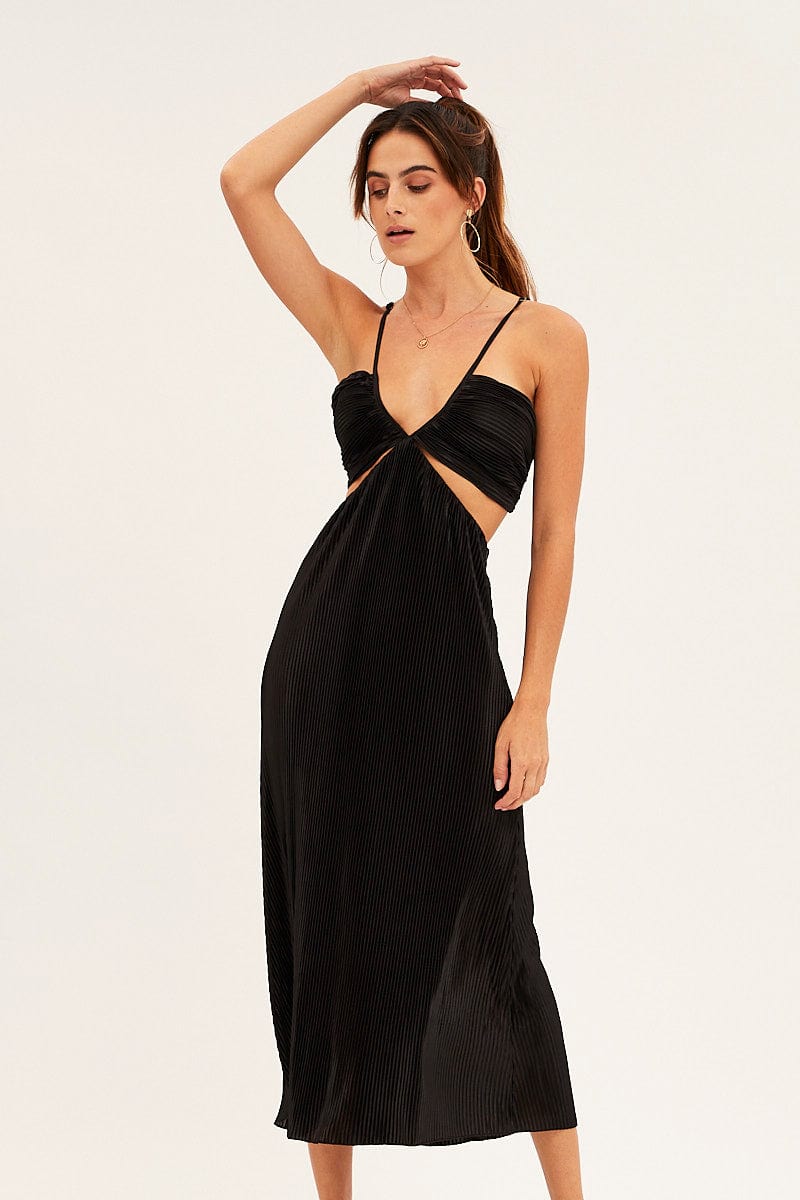 Black Plisse Midi Dress Tie Back for Ally Fashion