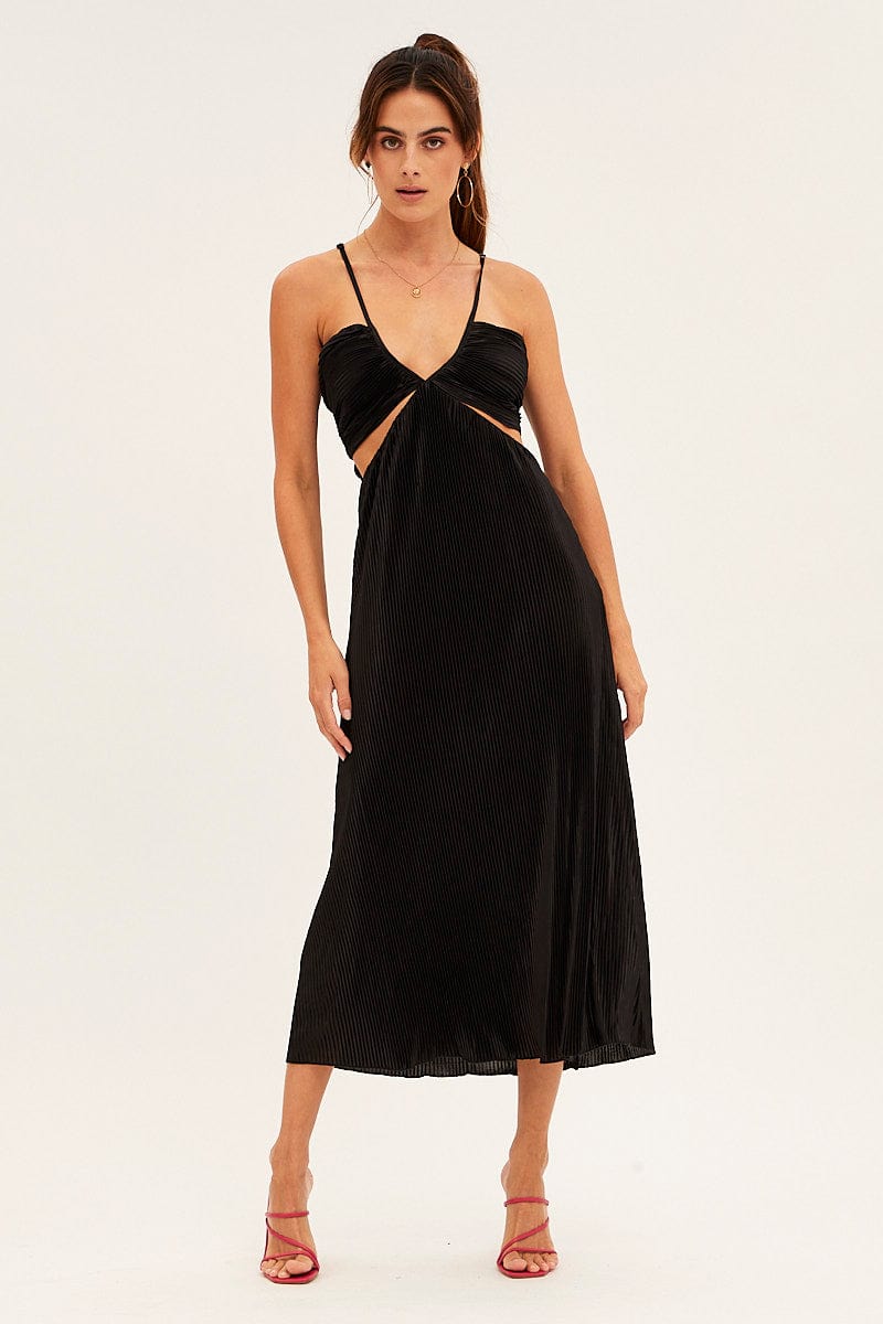 Black Plisse Midi Dress Tie Back for Ally Fashion