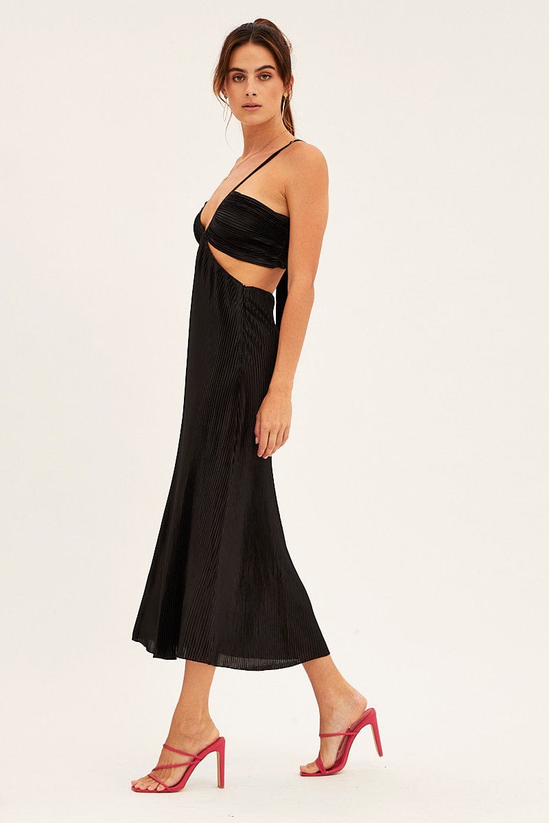 Black Plisse Midi Dress Tie Back for Ally Fashion