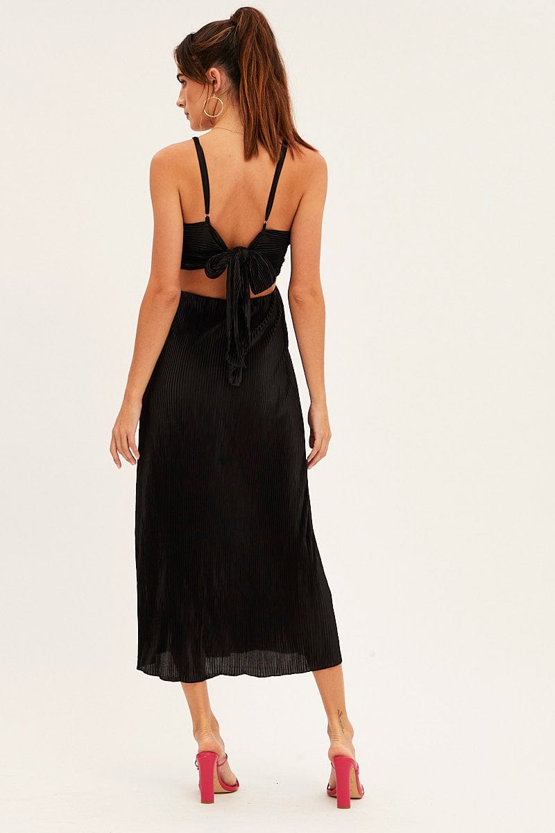 Black Plisse Midi Dress Tie Back for Ally Fashion