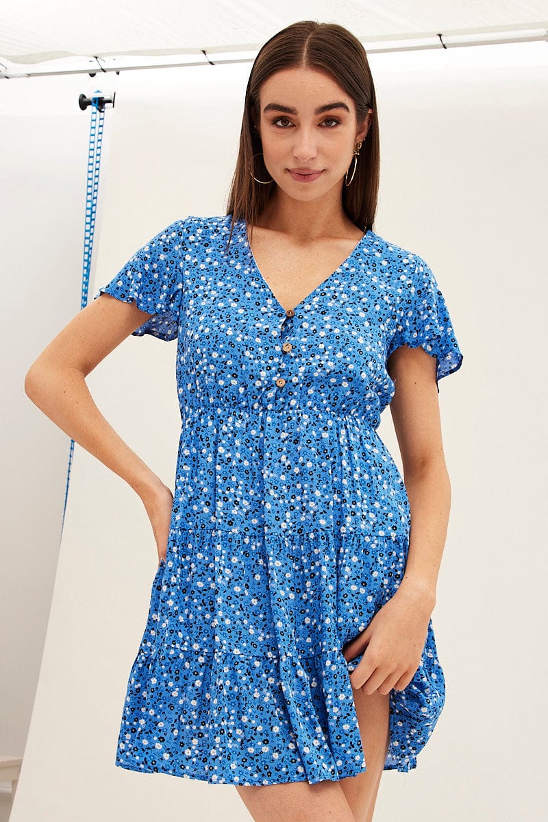 Blue Floral Button Front Short Sleeve Mini Skater Dress | Ally Fashion