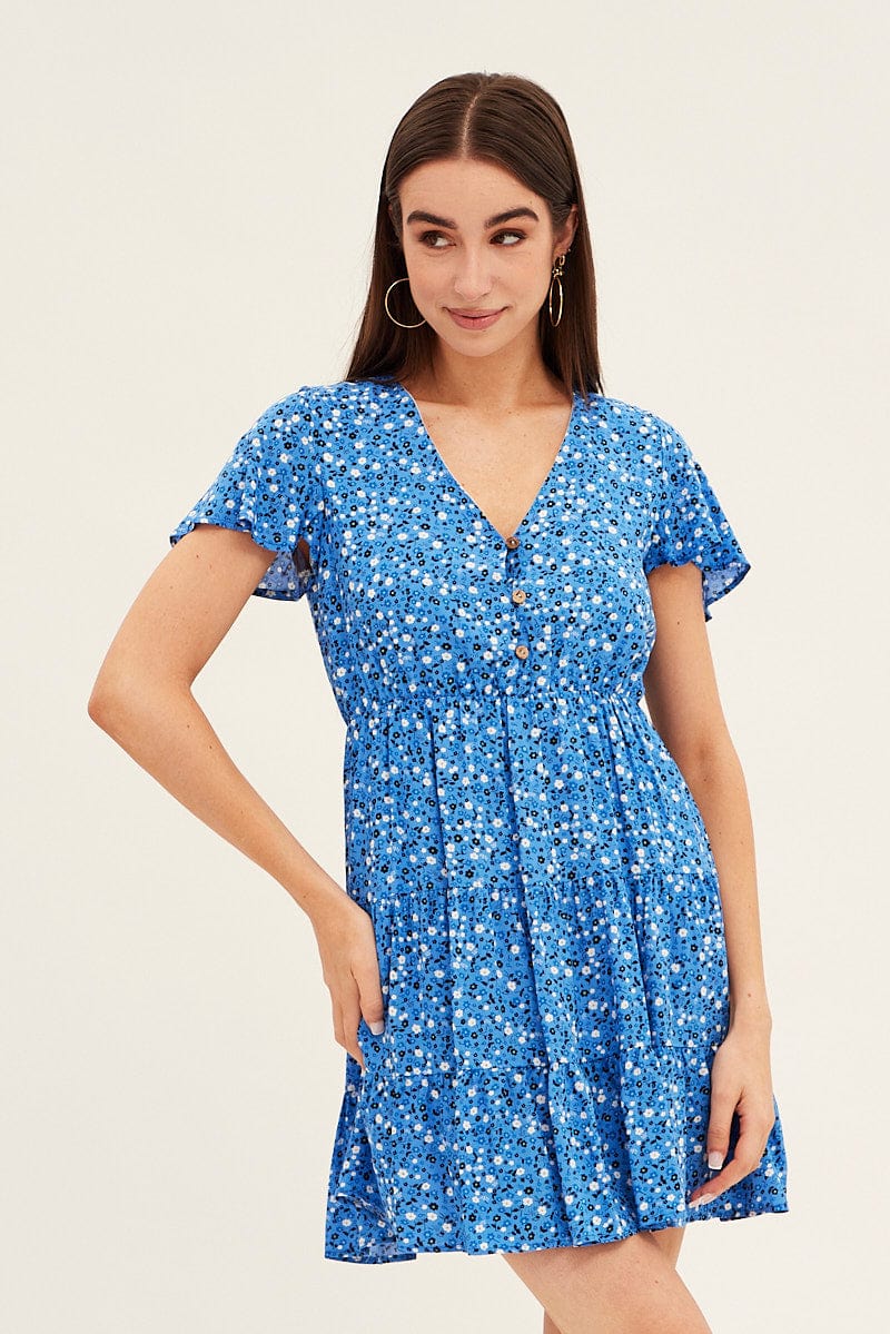 Blue Floral Button Front Short Sleeve Mini Skater Dress for Ally Fashion