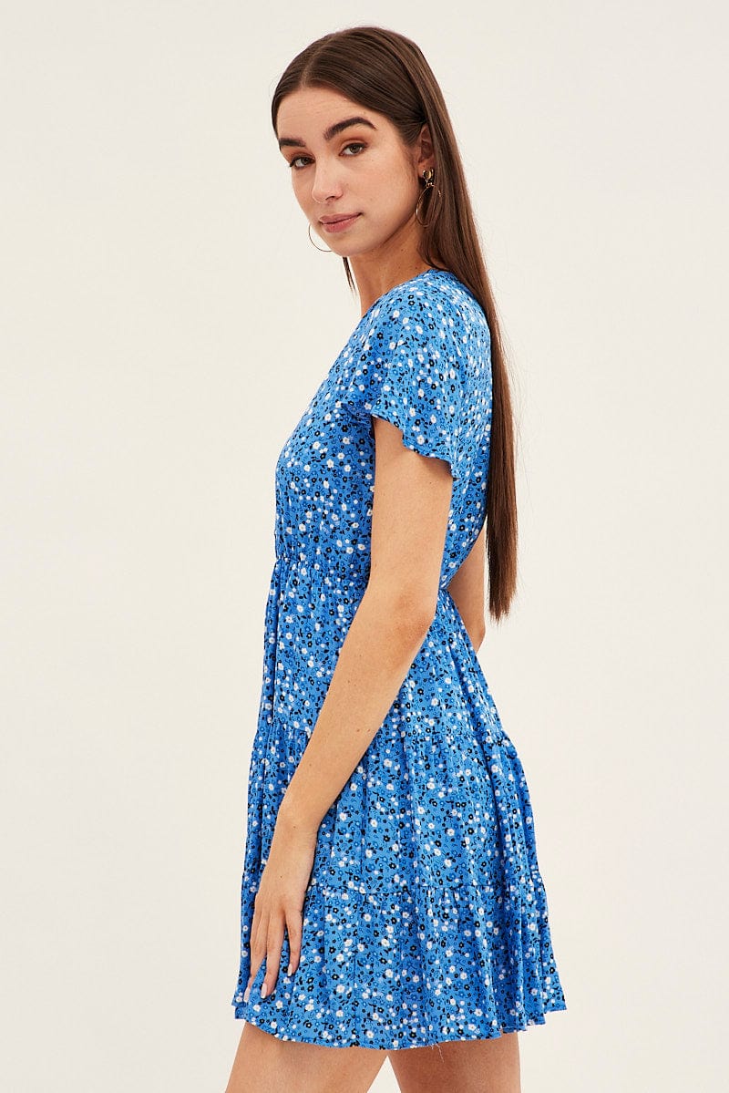 Blue Floral Button Front Short Sleeve Mini Skater Dress for Ally Fashion