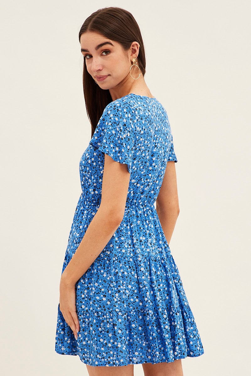 Blue Floral Button Front Short Sleeve Mini Skater Dress for Ally Fashion