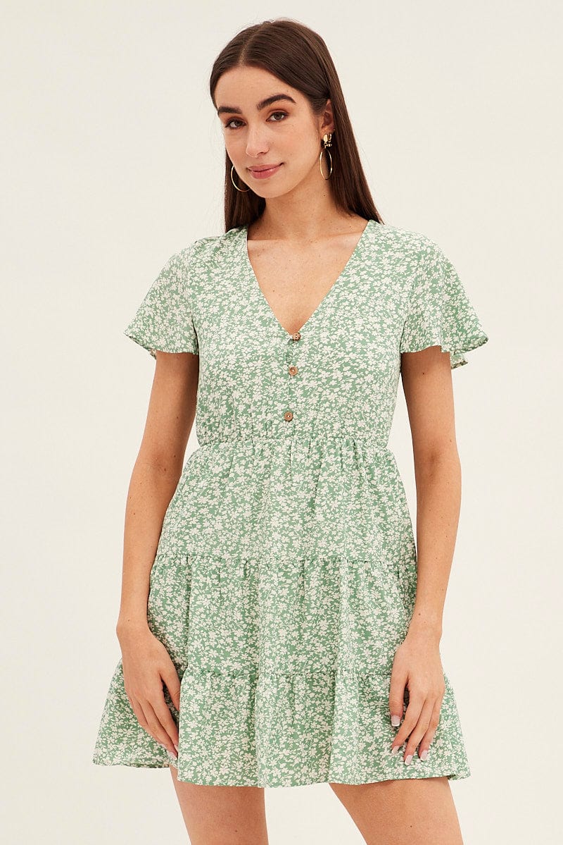 Green Floral Button Front Short Sleeve Mini Skater Dress for Ally Fashion