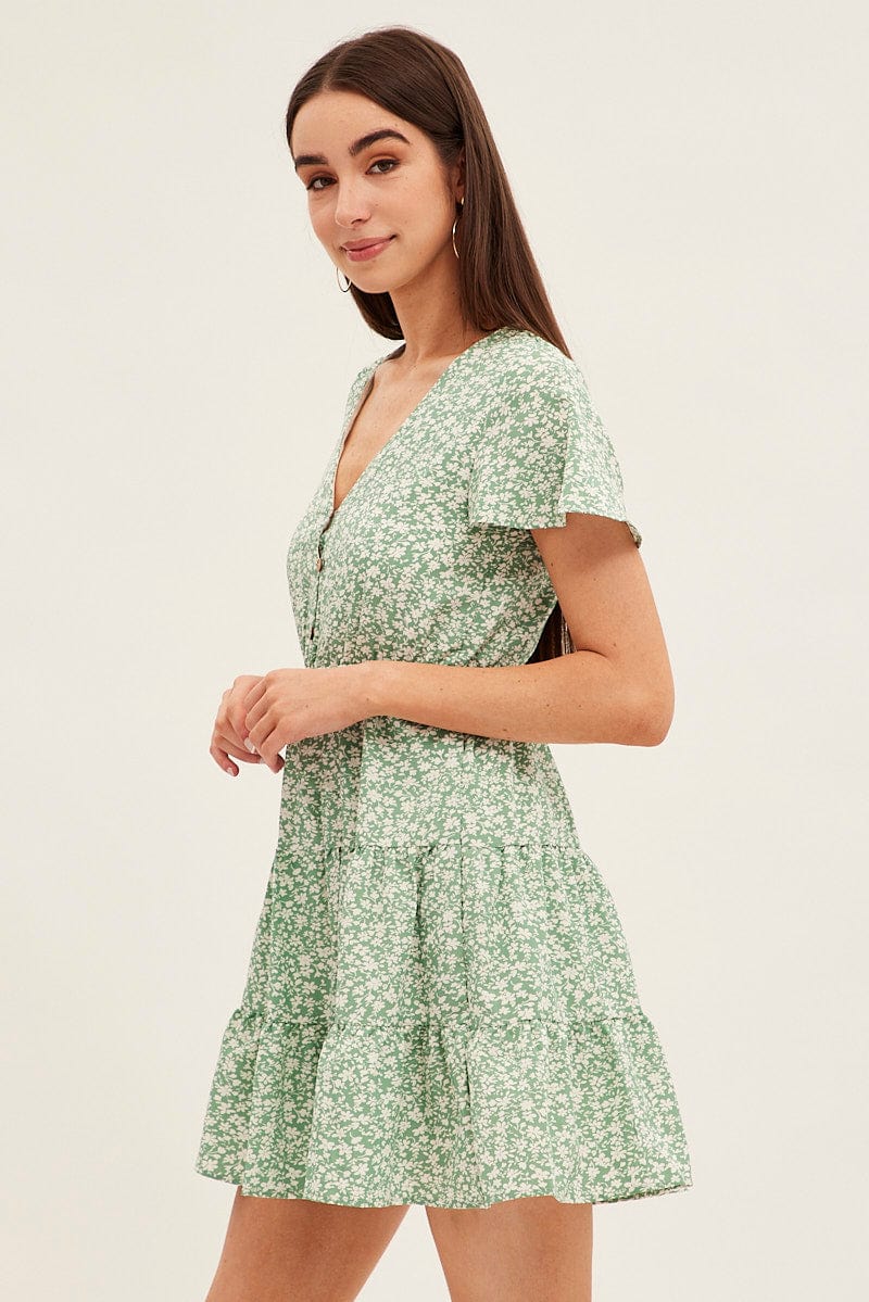 Green Floral Button Front Short Sleeve Mini Skater Dress for Ally Fashion