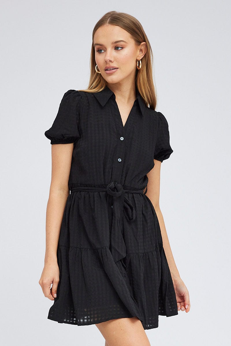 Black Shirt Dress Short Sleeve Tiered for Ally Fashion