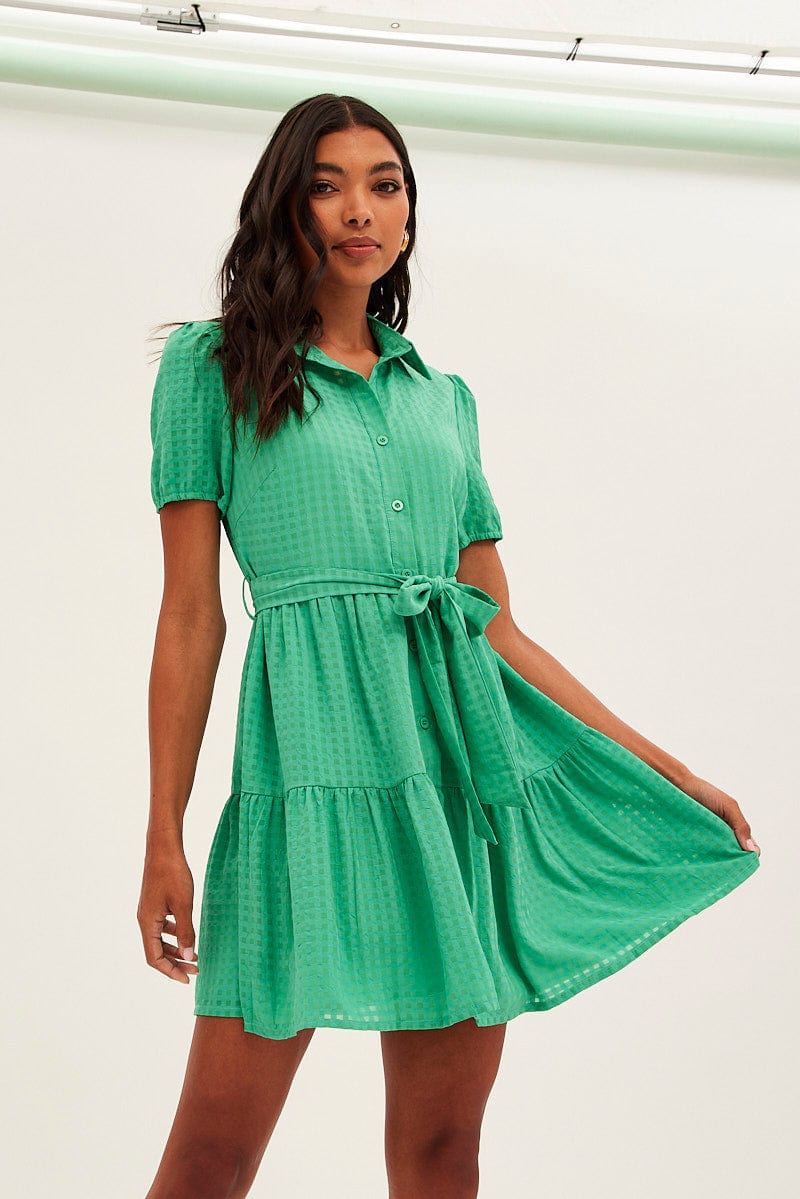 Green Tie Waist Puff Sleeve Mini Dress | Ally Fashion