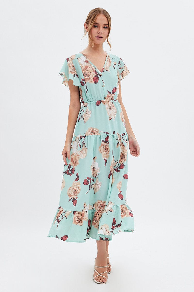 Green Floral Floral Bell Sleeve Maxi Dress for Ally Fashion