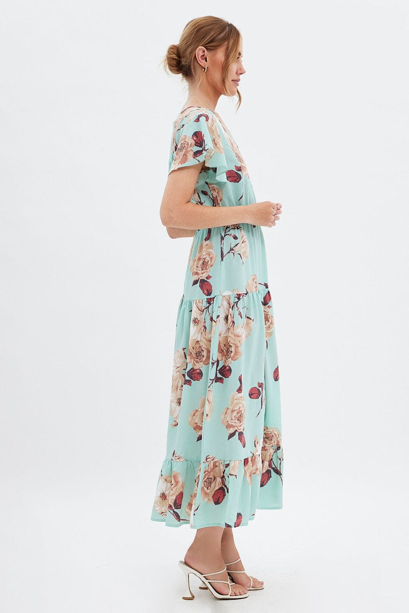 Green Floral Floral Bell Sleeve Maxi Dress for Ally Fashion