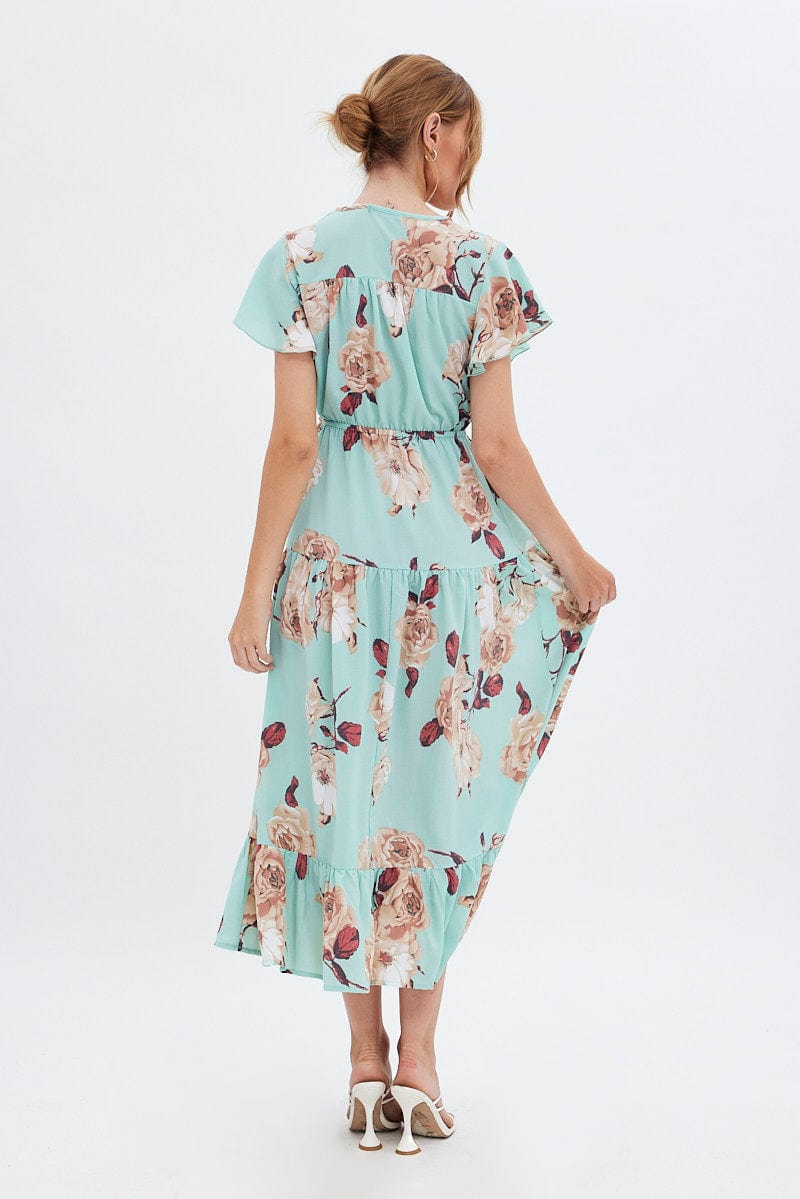 Green Floral Floral Bell Sleeve Maxi Dress for Ally Fashion