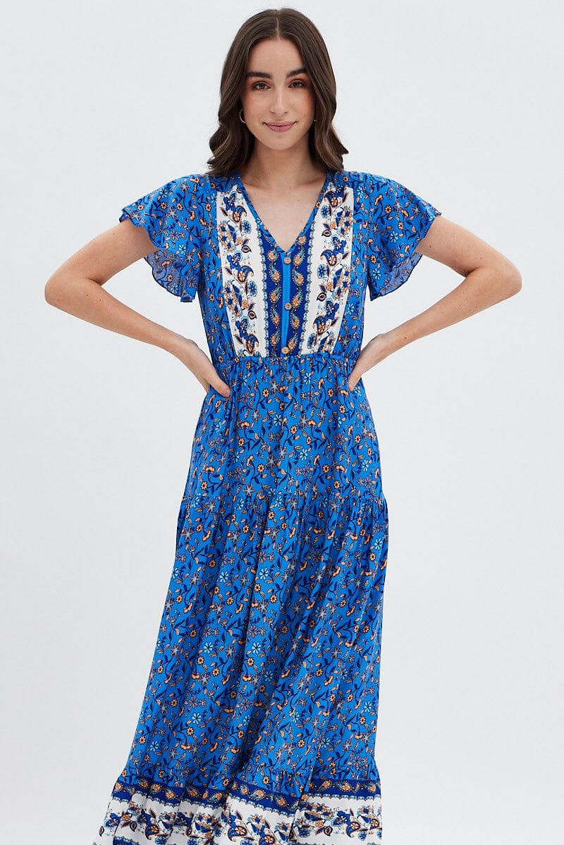 Blue Boho Bell Sleeve Midi Dress for Ally Fashion