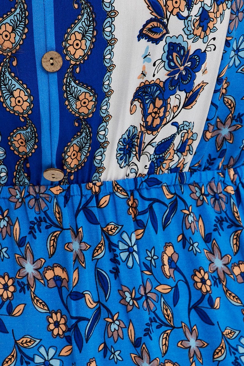Blue Boho Bell Sleeve Midi Dress for Ally Fashion
