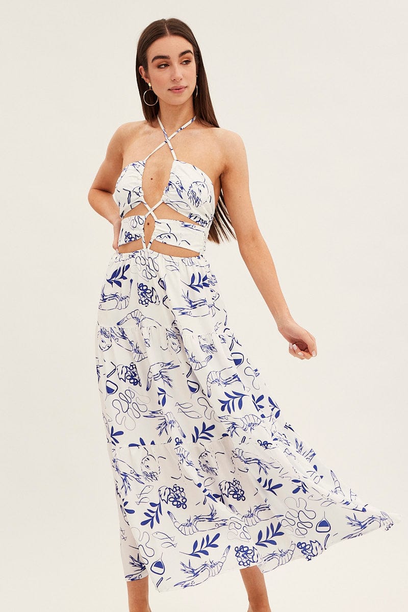 Blue Abstract Cut Out Maxi Dress for Ally Fashion