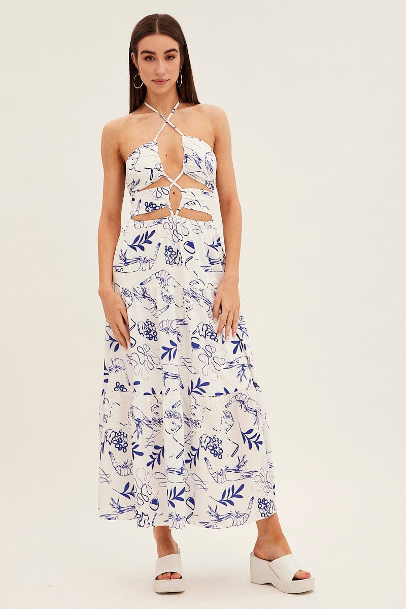 Blue Abstract Cut Out Maxi Dress for Ally Fashion