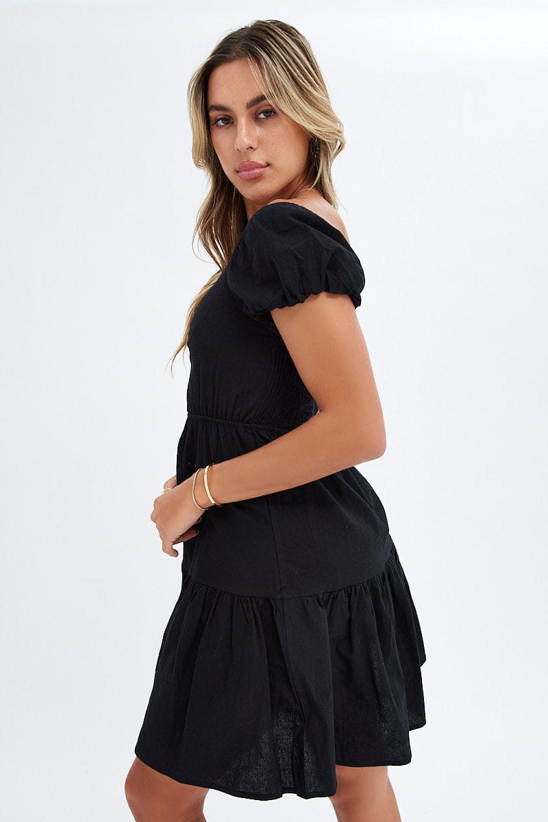 Black Puff Sleeve Cut Out Skater Dress for Ally Fashion